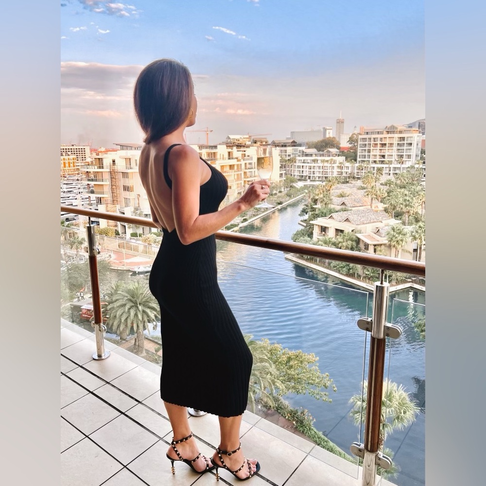 Black open back sleeves knit ribbed midi bodycon dress New Edit by Nine